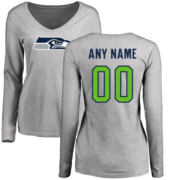 Women Seattle Seahawks NFL Pro Line Ash Custom Name and Number Logo Slim Fit Long Sleeve T-Shirt